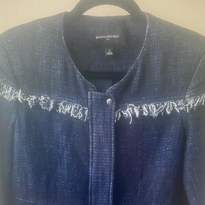 Banana Republic Navy Tweed Fringe Collarless Jacket